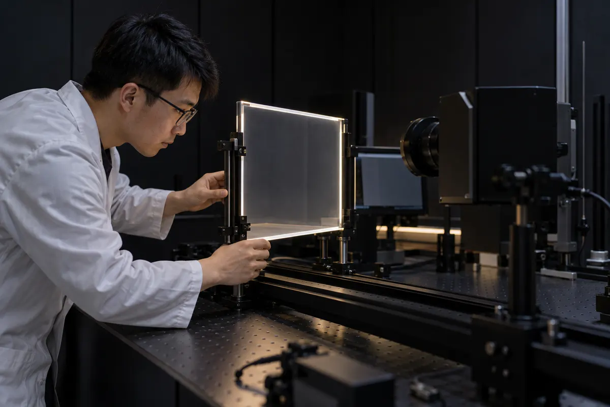Asian laboratory specialist measuring visible light from LED drawing board