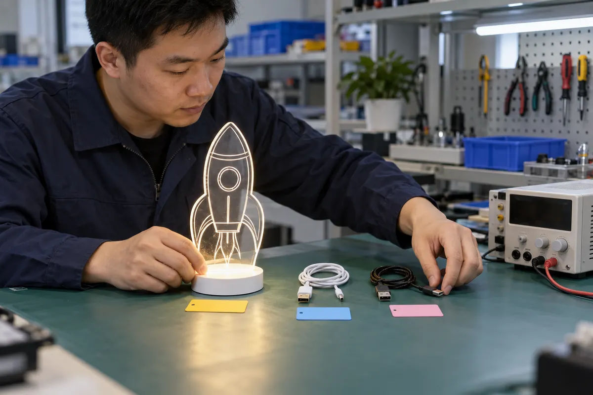 Chinese technician comparing USB cables for a dim LED drawing board
