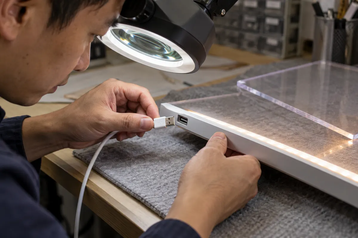 Chinese reviewer inspecting USB plug and LED board connector