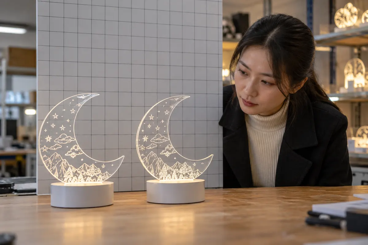 Asian buyer reviewing acrylic LED panel alignment in bases