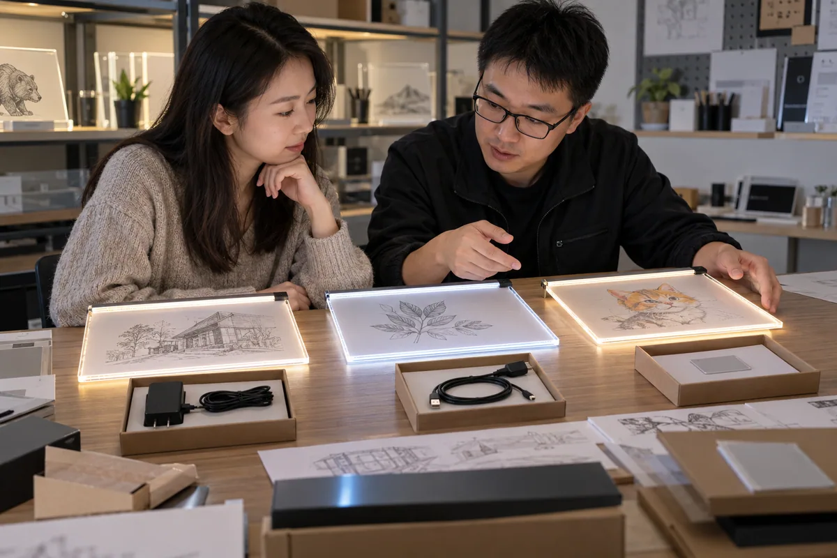 Asian buyer reviewing USB power-adapter supply strategy samples for LED drawing boards