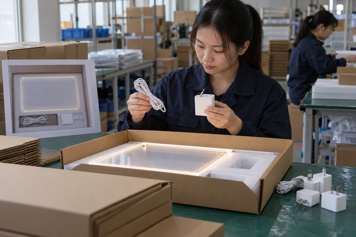 Chinese technicians checking USB power-adapter supply strategy during LED board production