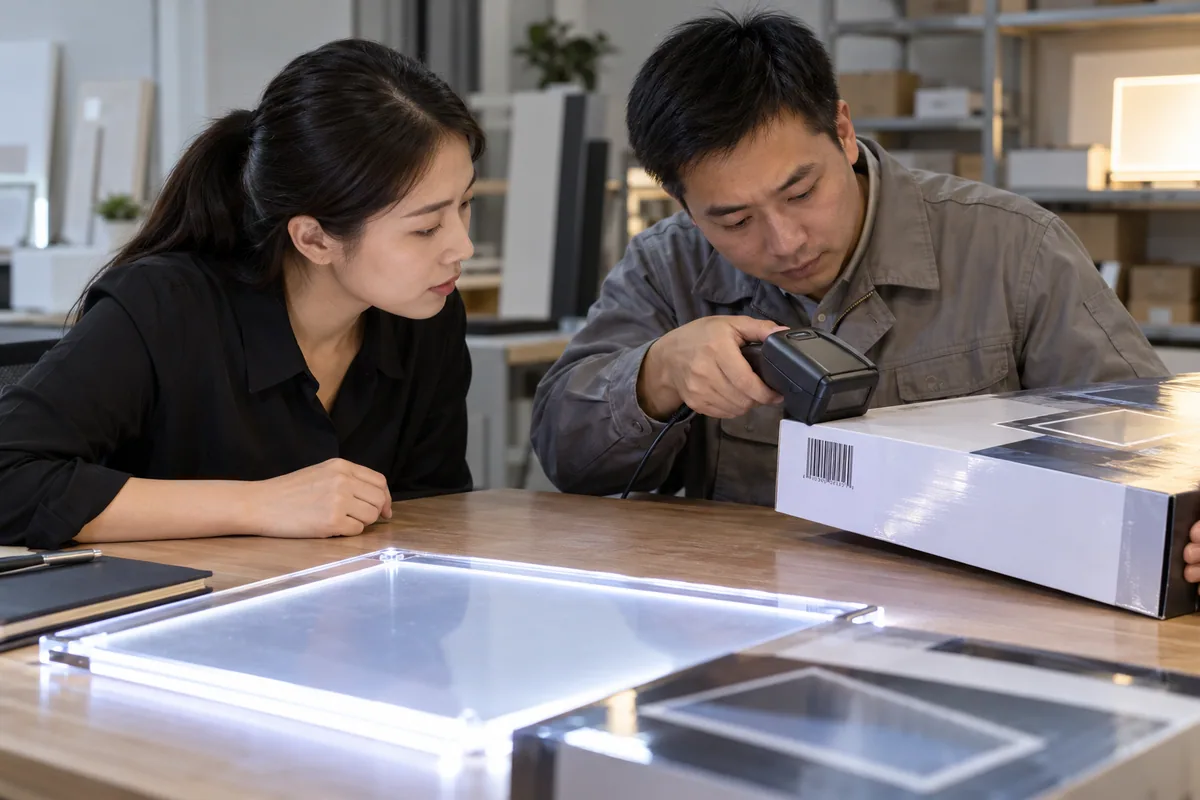 Asian buyer reviewing packaging barcode verification samples for LED drawing boards