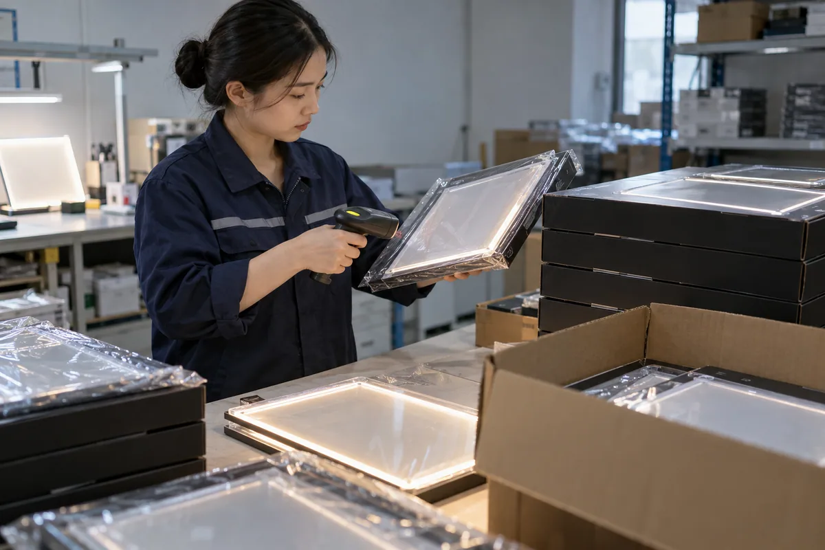 Chinese technicians checking packaging barcode verification during LED board production