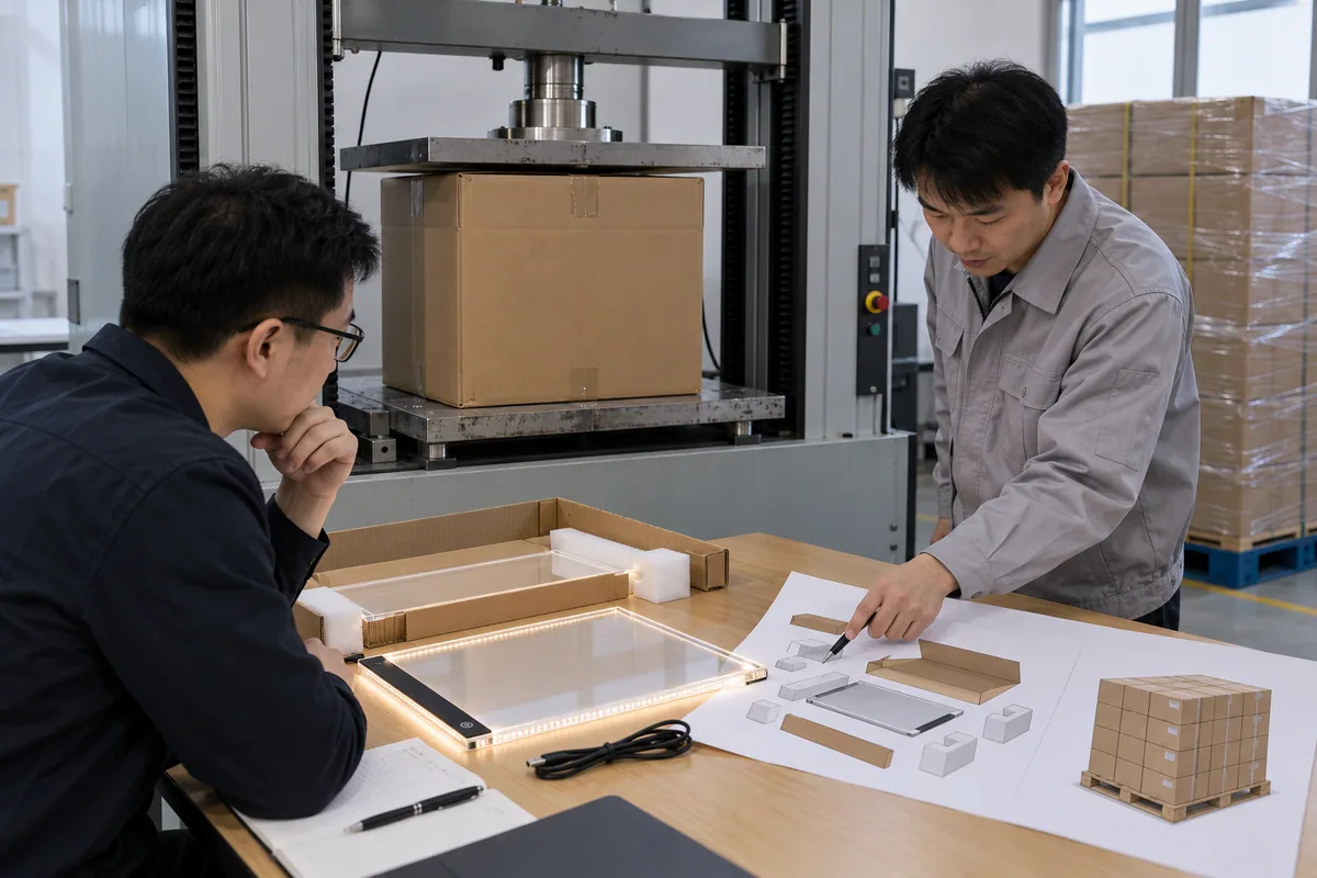 Asian buyer reviewing carton compression and stacking evidence samples for LED drawing boards