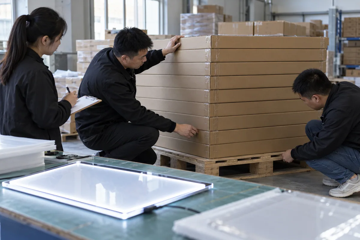 Chinese technicians checking carton compression and stacking evidence during LED board production