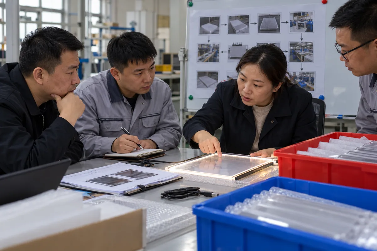 Asian buyer reviewing 8D corrective-action process samples for LED drawing boards