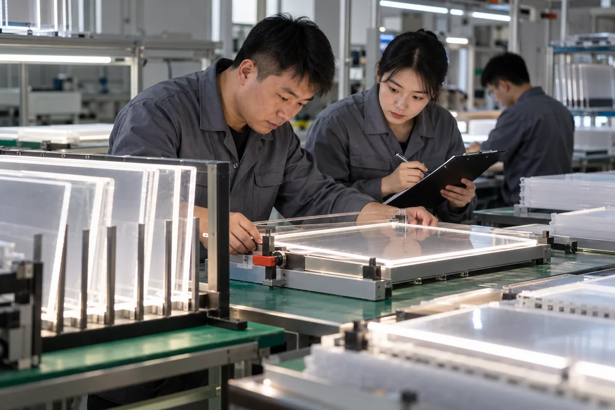 Chinese technicians checking 8D corrective-action process during LED board production