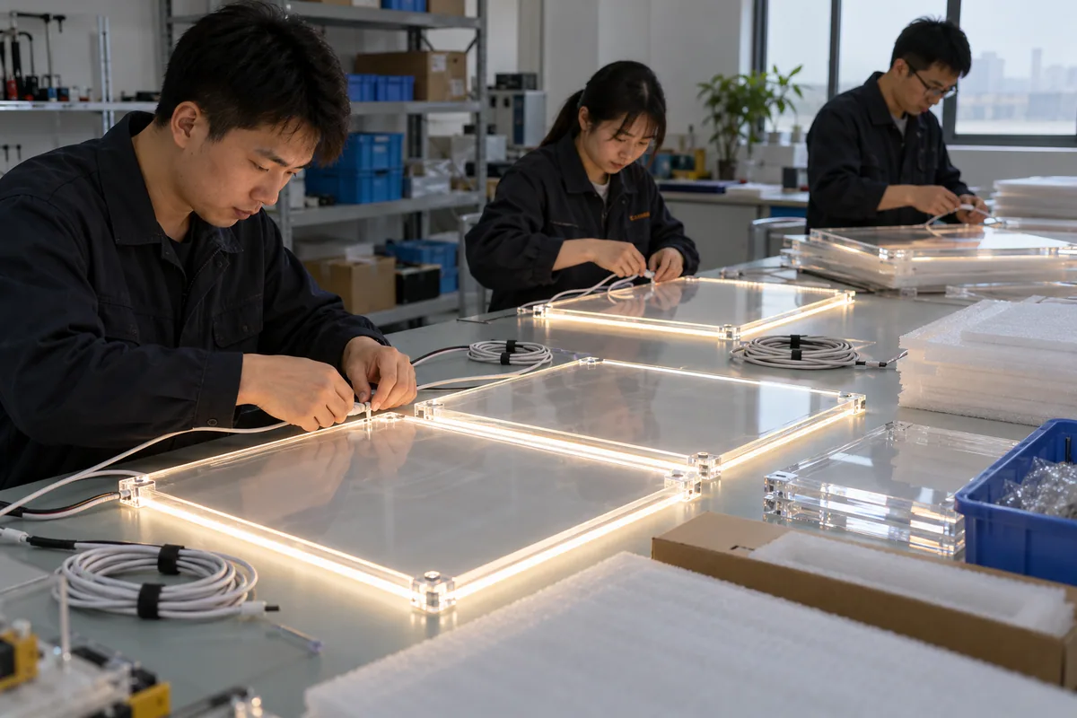 Chinese technicians checking EMC pre-compliance planning during LED board production