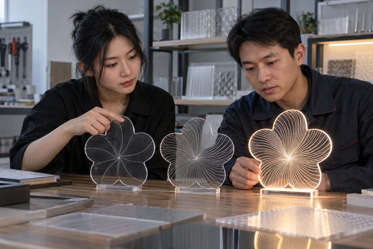 Asian buyer reviewing engraving-pattern pitch control samples for LED drawing boards