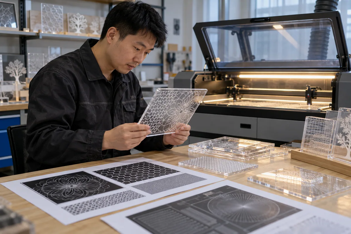 Chinese technicians checking engraving-pattern pitch control during LED board production