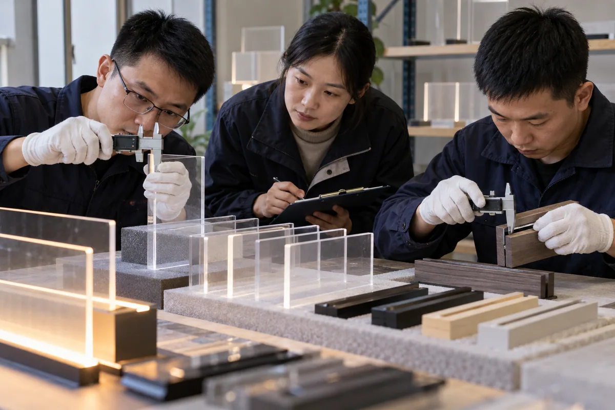 Asian buyer reviewing dimensional measurement repeatability and reproducibility samples for LED drawing boards