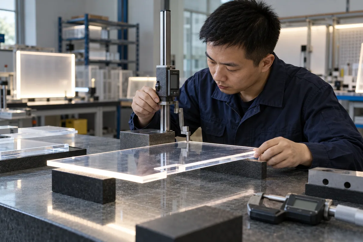 Chinese technicians checking dimensional measurement repeatability and reproducibility during LED board production