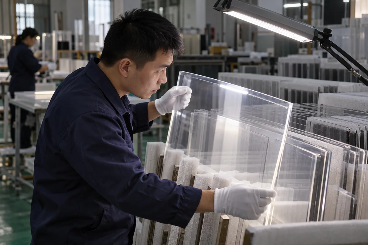 Chinese technicians checking hard-coated-versus-uncoated acrylic choice during LED board production