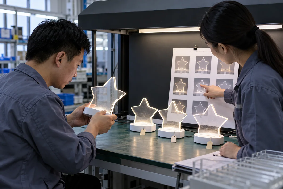 Chinese technicians checking hotspot and dark-zone control during LED board production