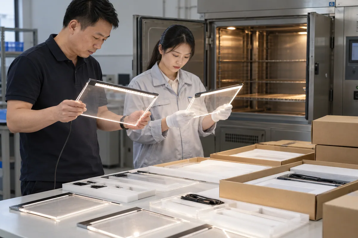 Asian buyer reviewing export-package humidity and condensation control samples for LED drawing boards