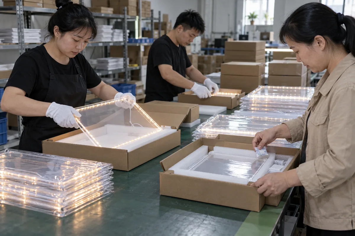 Chinese technicians checking export-package humidity and condensation control during LED board production