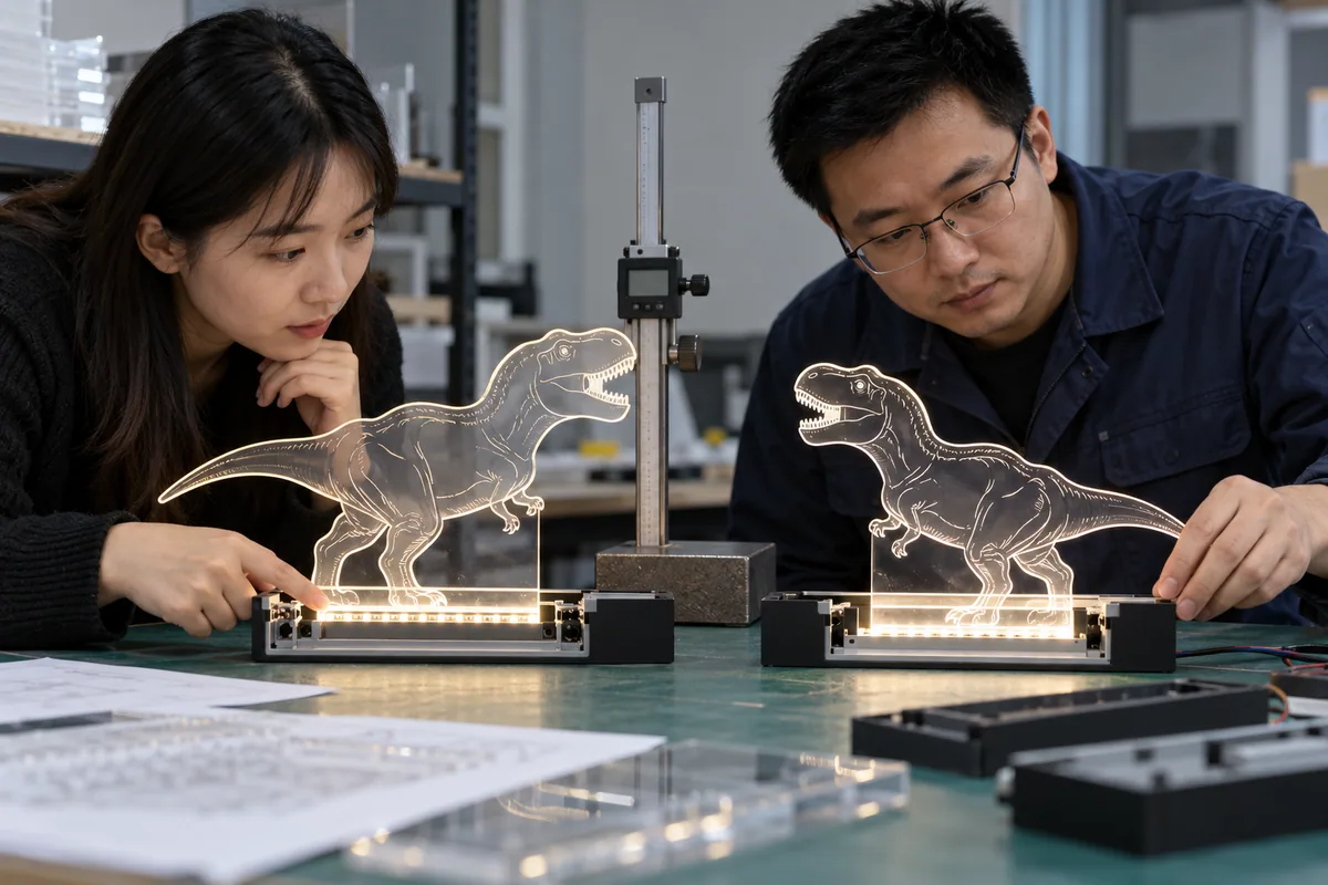 Asian buyer reviewing panel insertion-depth specification samples for LED drawing boards