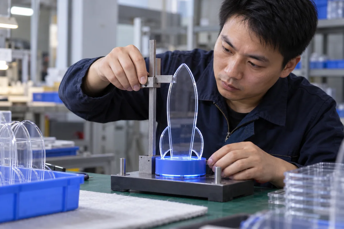 Chinese technicians checking panel insertion-depth specification during LED board production