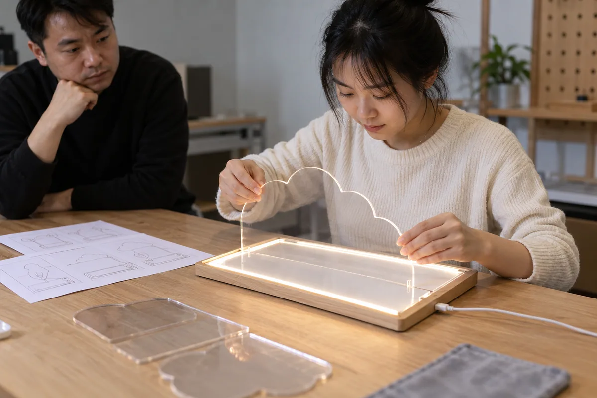 Asian buyer reviewing instruction usability evaluation samples for LED drawing boards