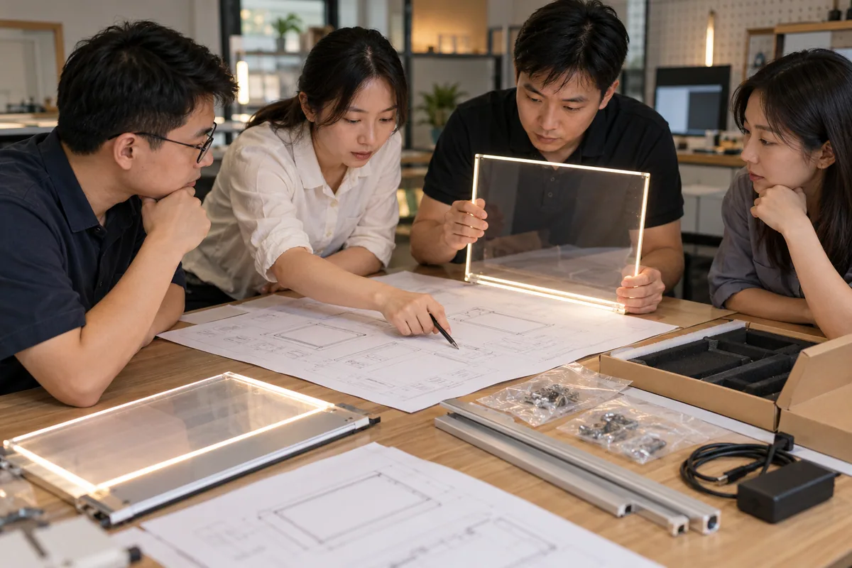 Chinese technicians checking instruction usability evaluation during LED board production