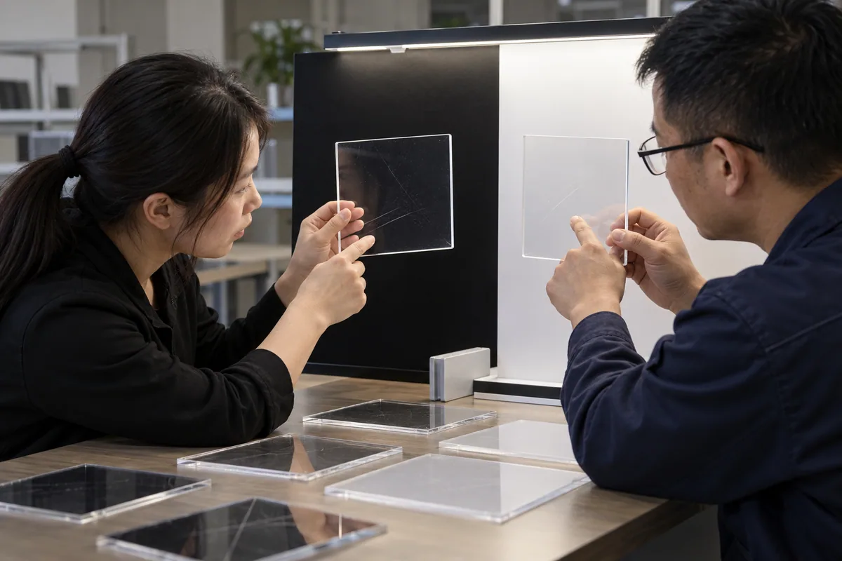 Asian buyer reviewing cosmetic limit-sample system samples for LED drawing boards