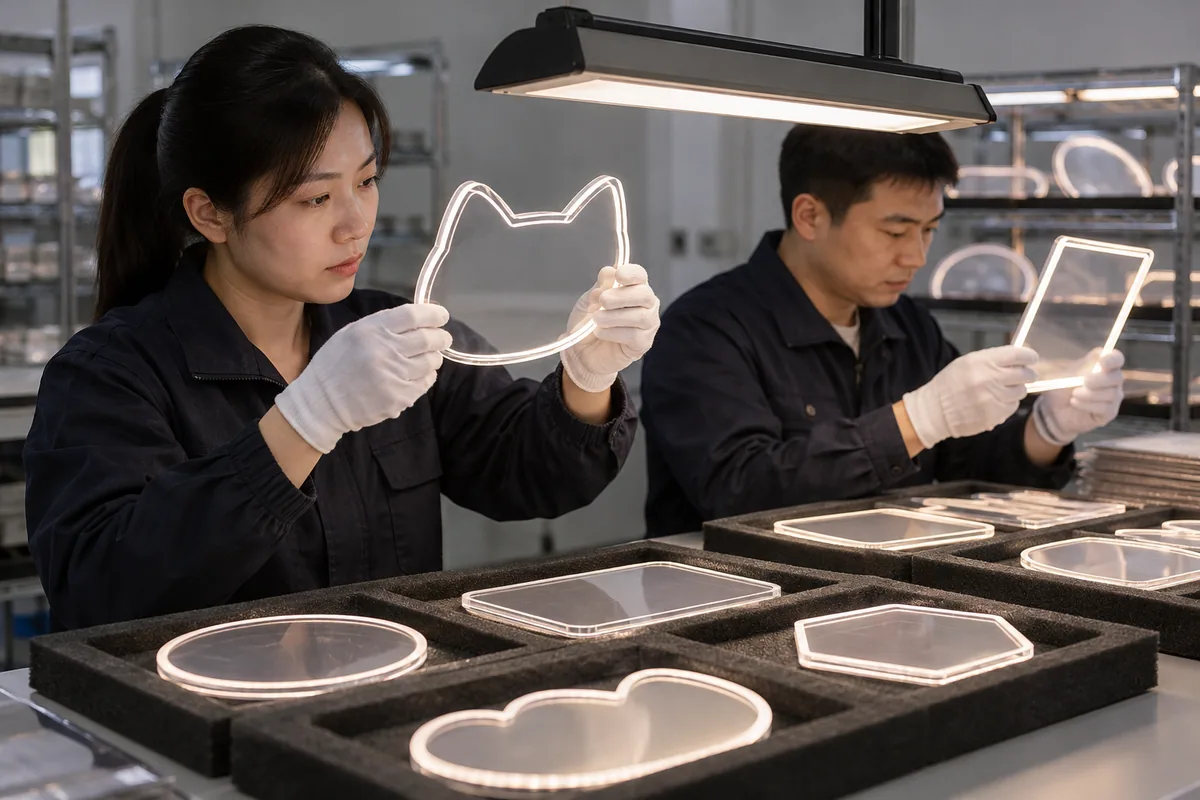 Chinese technicians checking cosmetic limit-sample system during LED board production