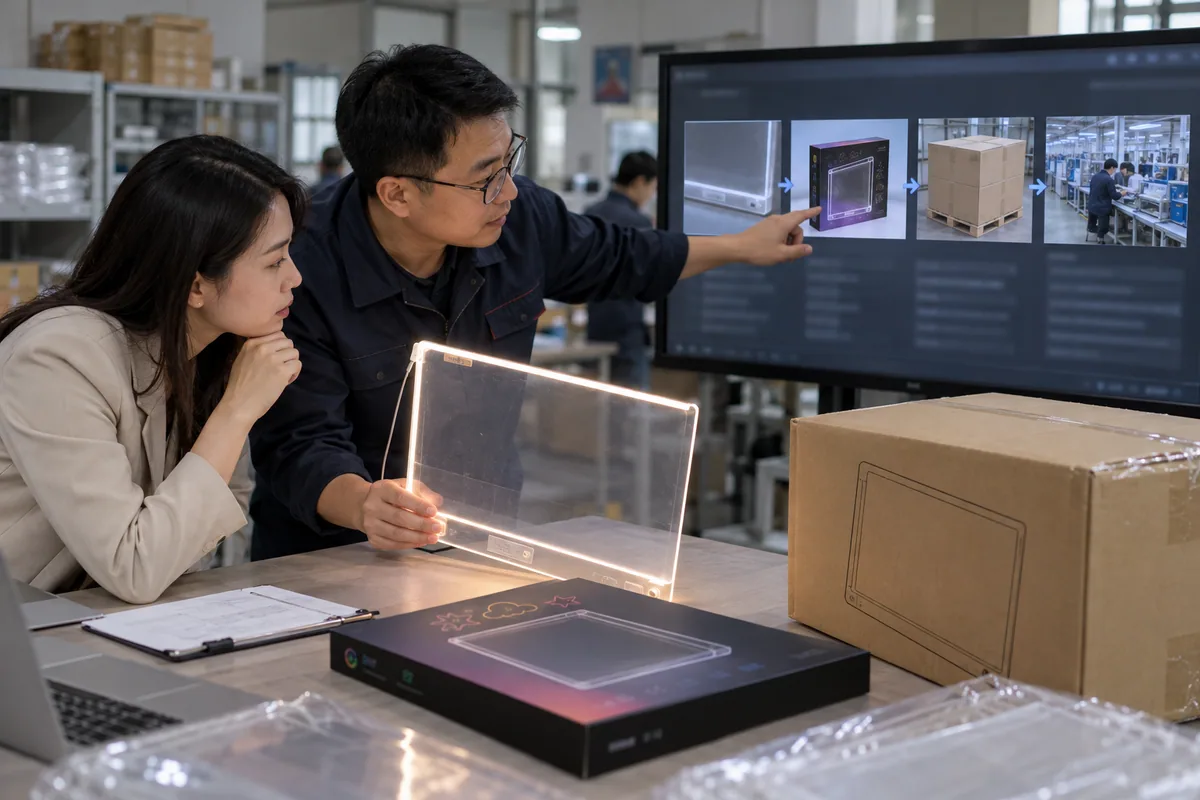 Asian buyer reviewing lot-code traceability system samples for LED drawing boards