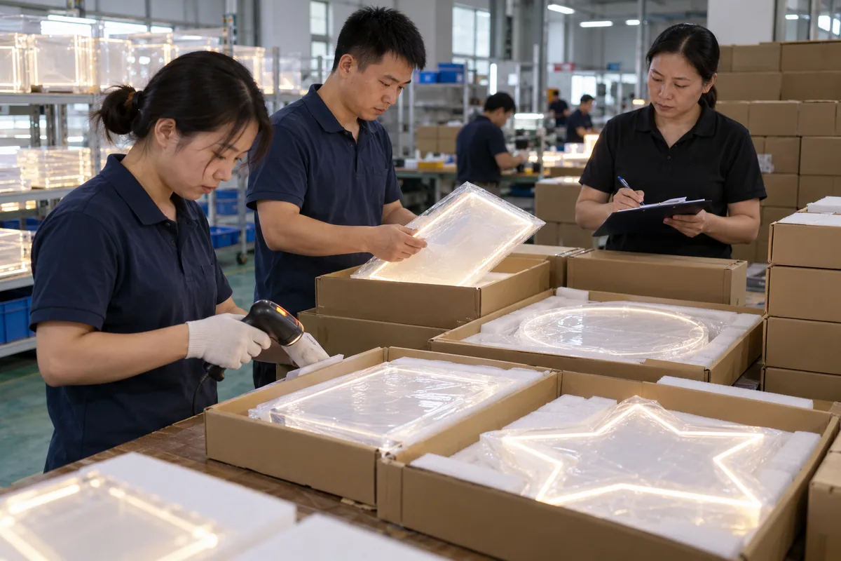 Chinese technicians checking lot-code traceability system during LED board production