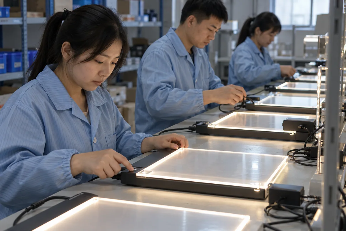Chinese technicians checking control-mode sequence and memory behavior during LED board production