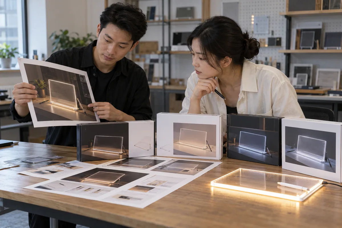Asian buyer reviewing multilingual artwork version control samples for LED drawing boards