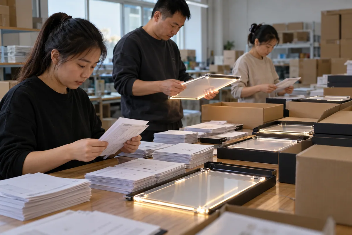 Chinese technicians checking multilingual artwork version control during LED board production