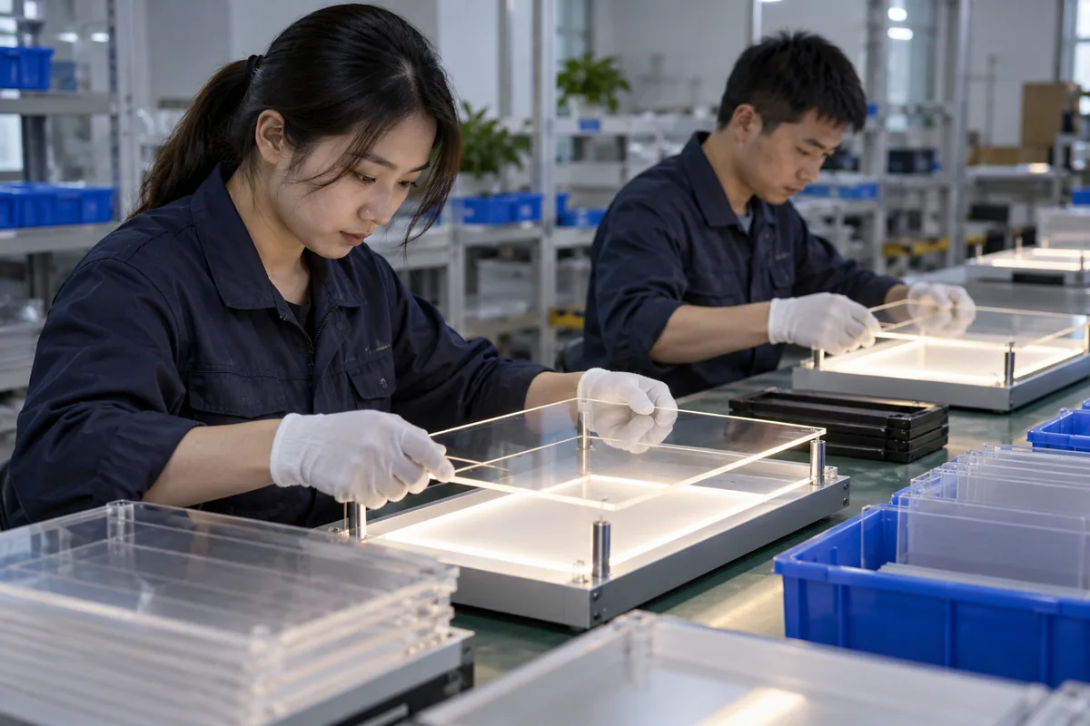 Chinese technicians checking LED-to-acrylic optical coupling during LED board production