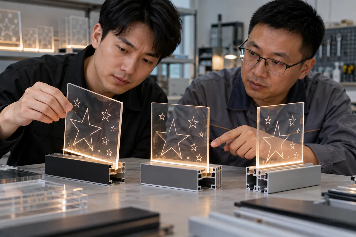 Asian buyer reviewing base-slot clamping-force control samples for LED drawing boards