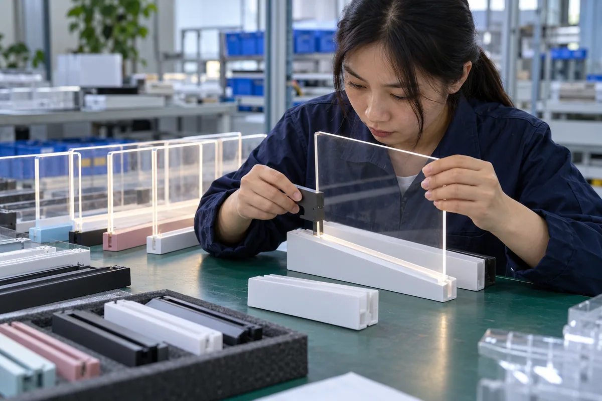 Chinese technicians checking base-slot clamping-force control during LED board production