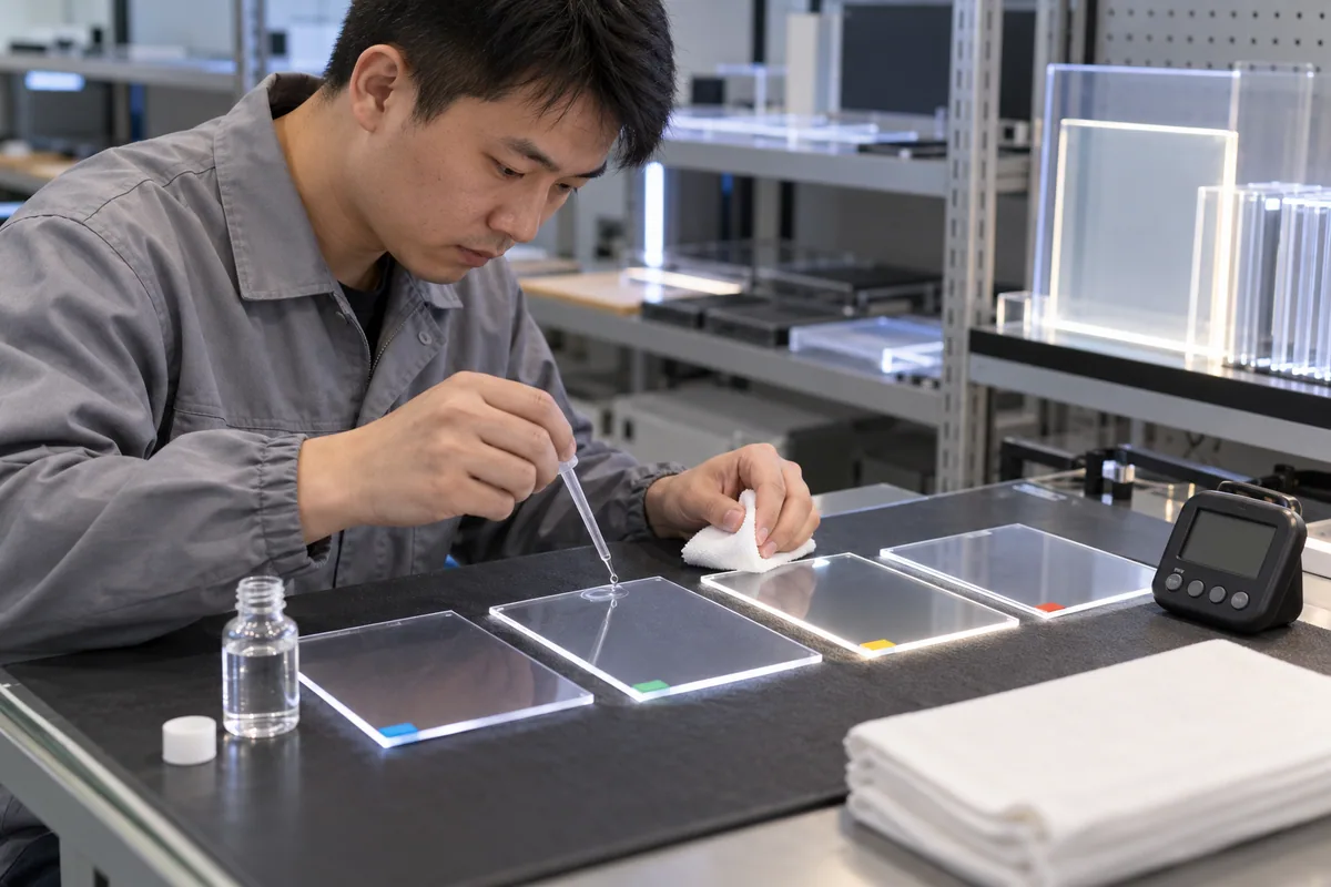 Chinese technicians checking acrylic cleaner-and-crazing control during LED board production