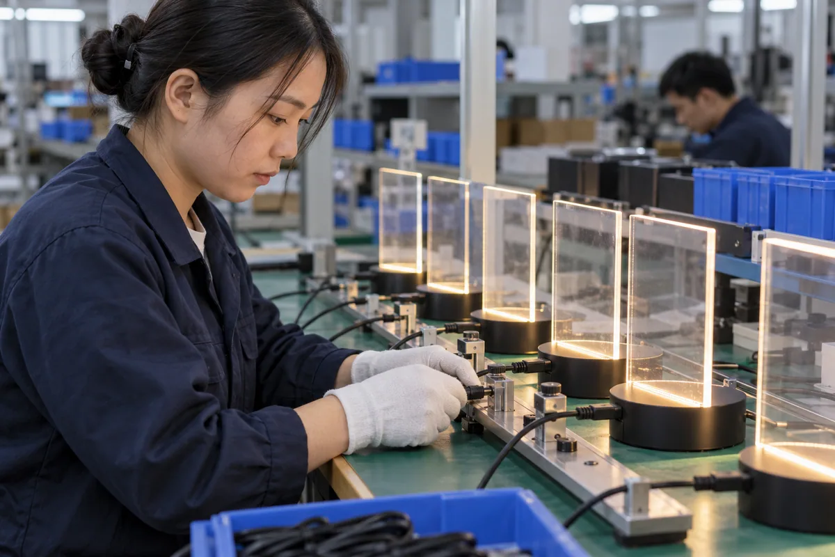 Chinese technicians checking USB hot-plug behavior during LED board production