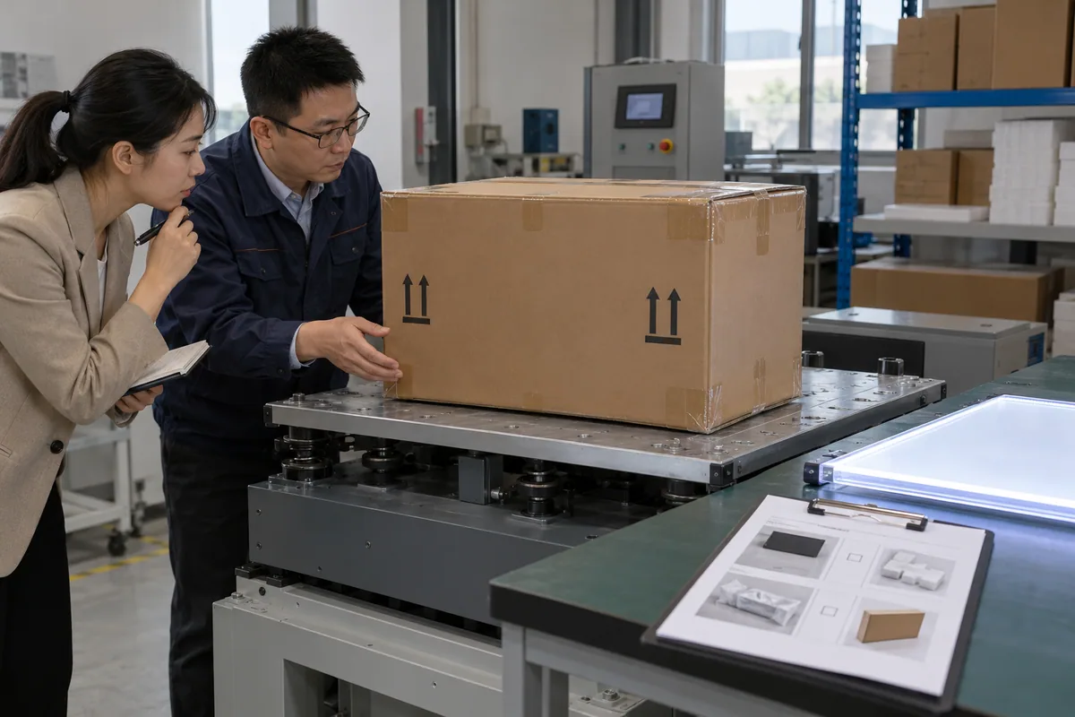 Asian buyer reviewing distribution vibration test planning samples for LED drawing boards