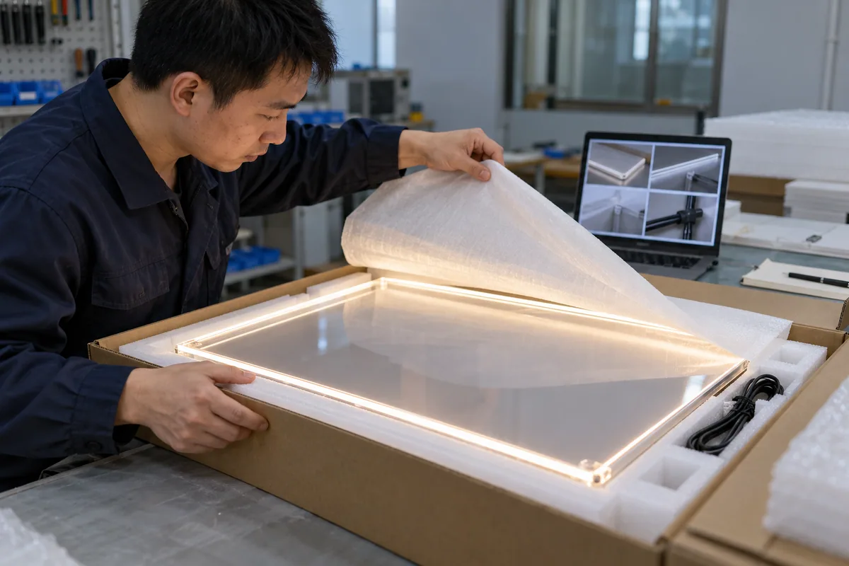 Chinese technicians checking distribution vibration test planning during LED board production
