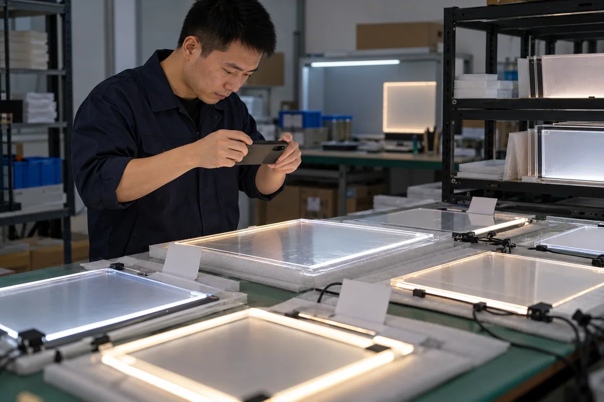 Chinese technicians checking warranty-reserve evidence model during LED board production