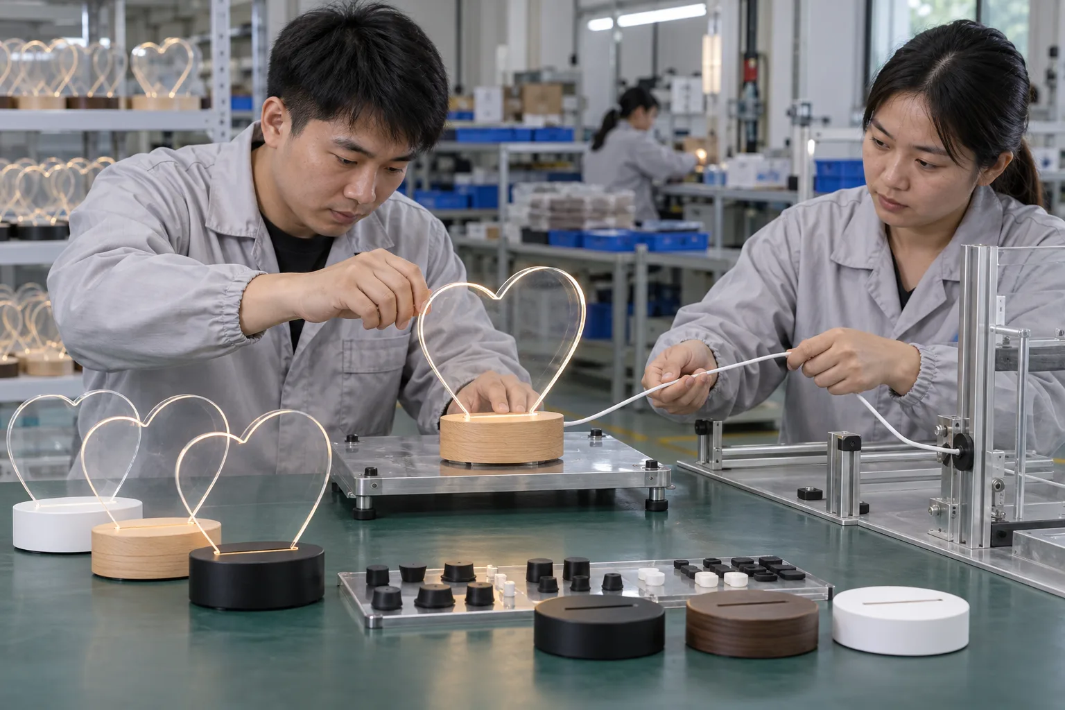 Chinese technicians checking desktop base stability and slip resistance during LED board production