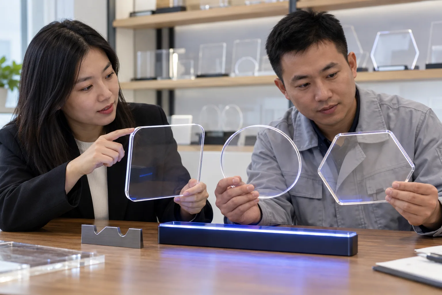 Asian buyer reviewing acrylic entry-edge chamfer samples for LED drawing boards