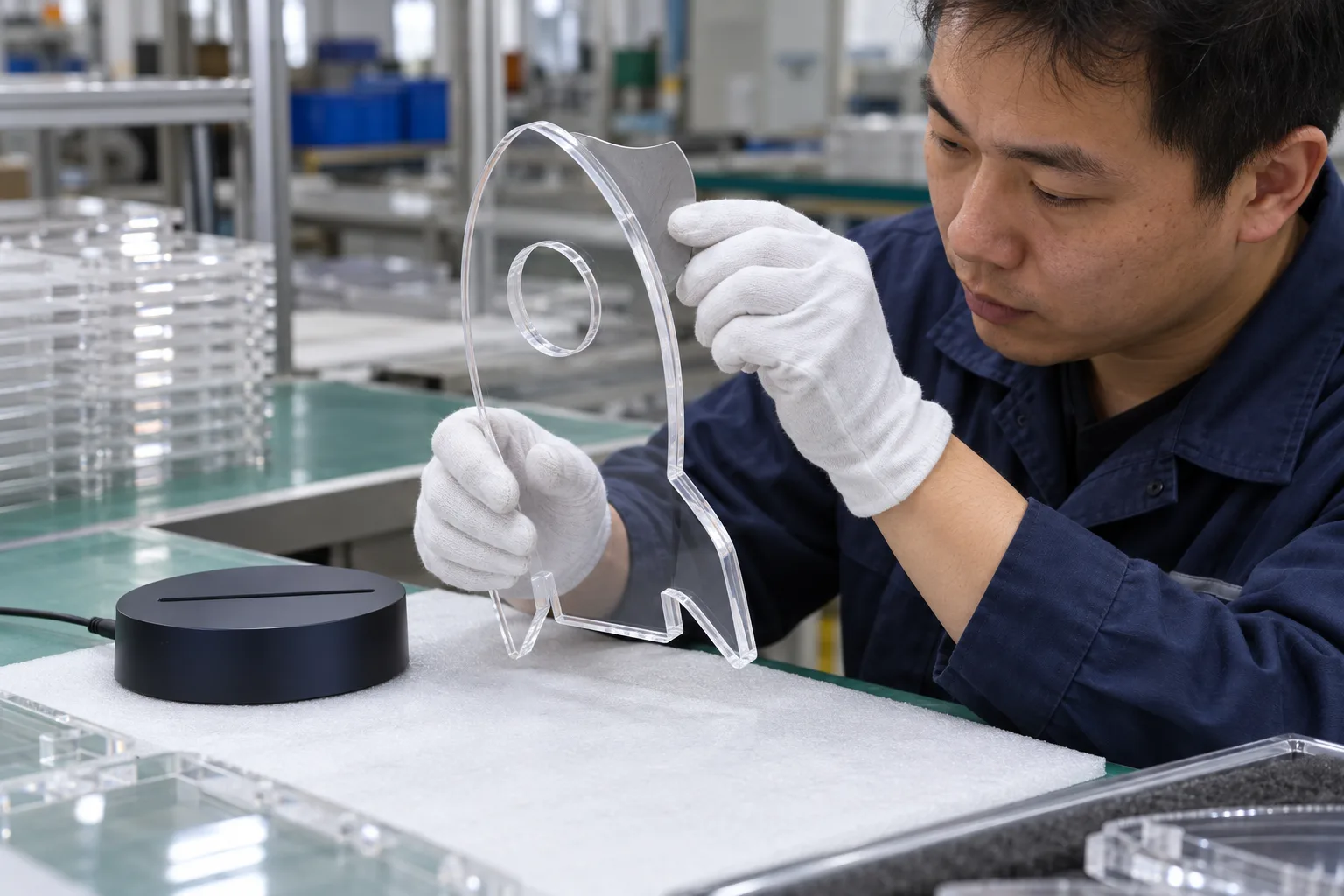 Chinese technicians checking acrylic entry-edge chamfer during LED board production