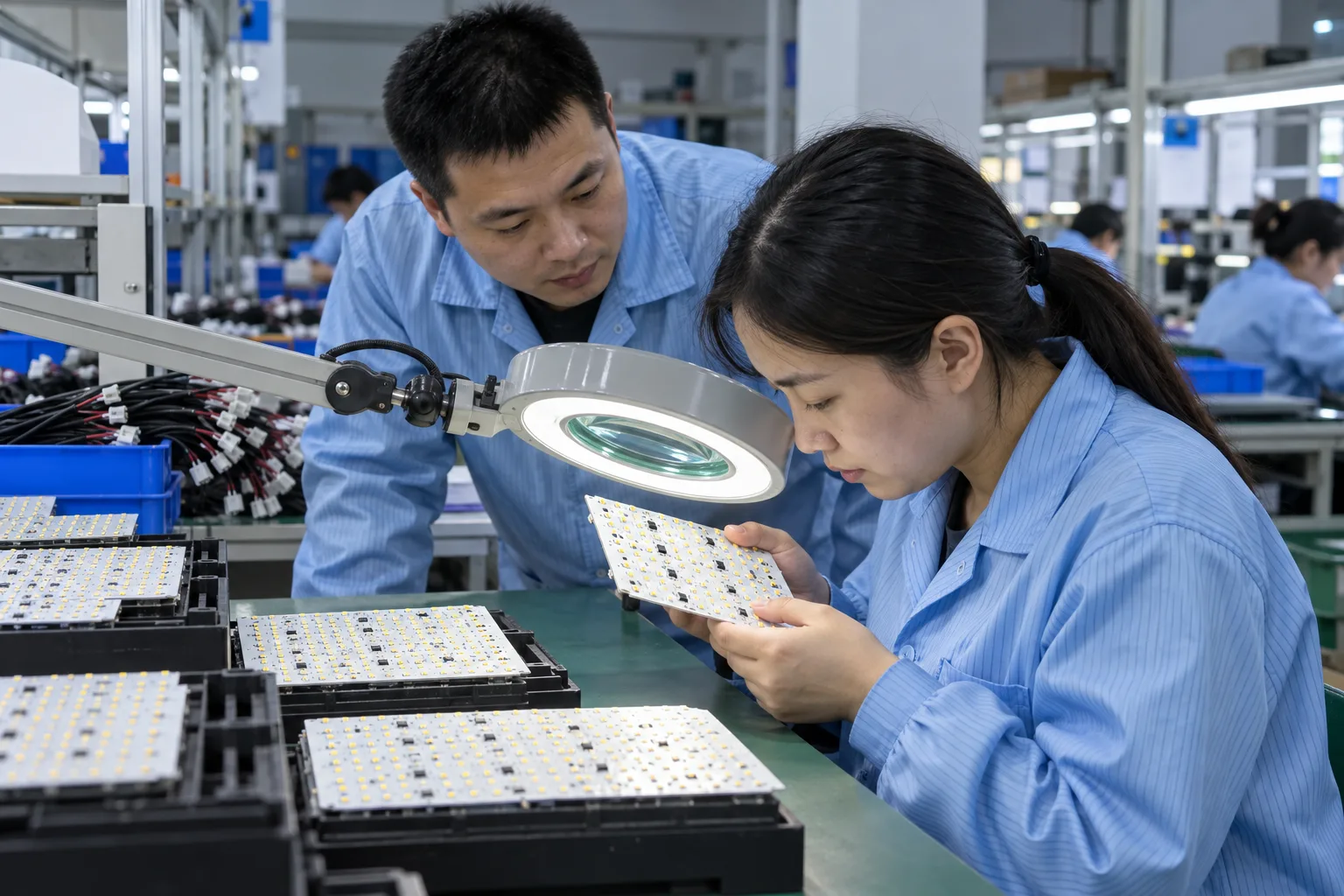Chinese technicians checking PCB solder-workmanship requirement during LED board production