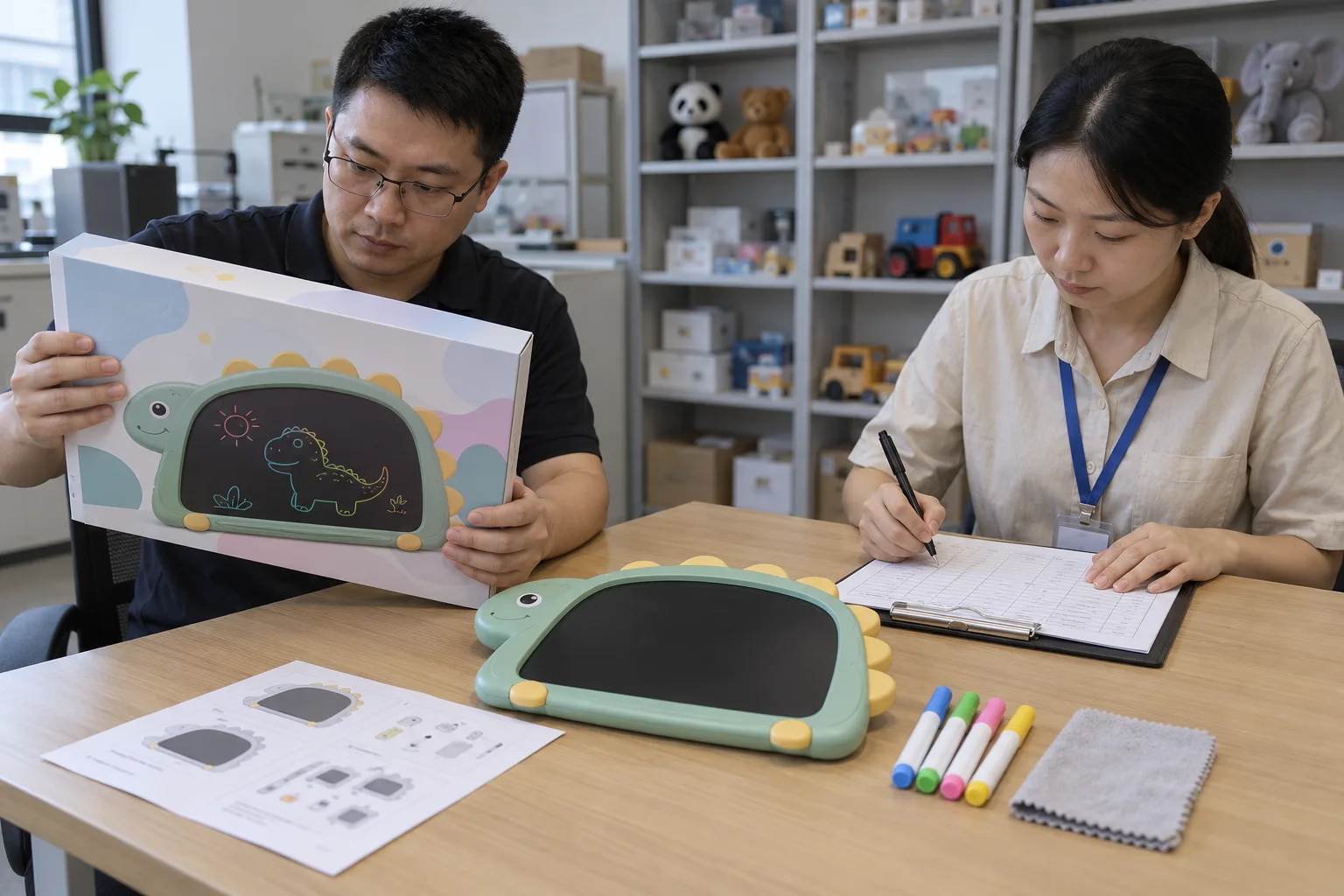 Chinese technicians checking toy versus general-use classification decision during LED board production