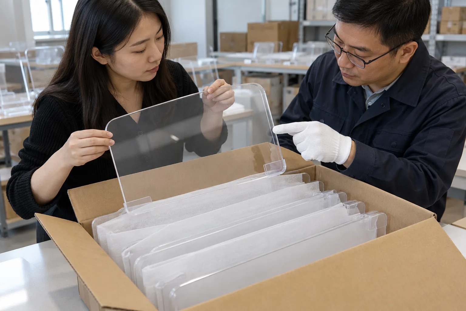 Asian buyer reviewing acrylic transit-abrasion protection samples for LED drawing boards