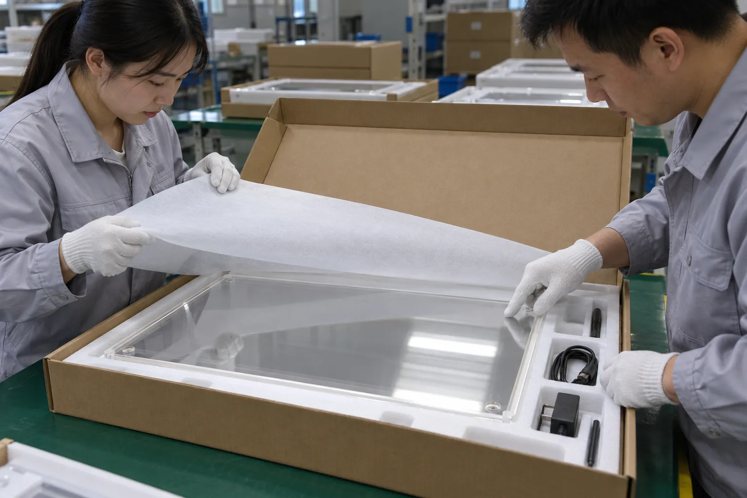 Chinese technicians checking acrylic transit-abrasion protection during LED board production