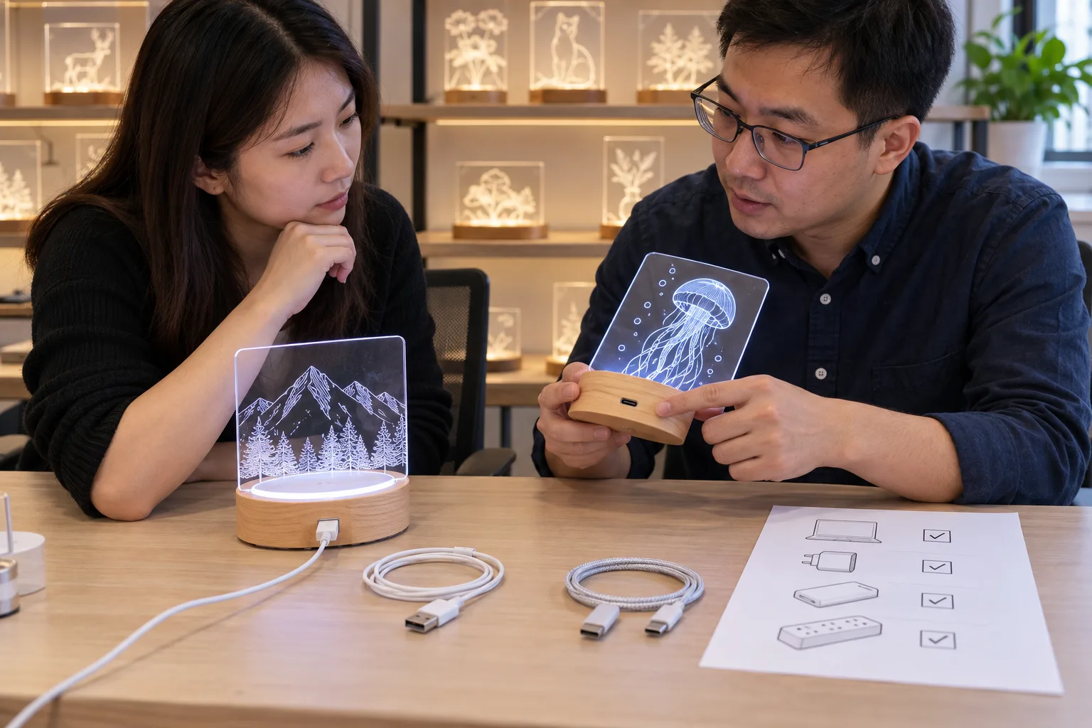 Asian buyer reviewing USB-A versus USB-C power-input choice samples for LED drawing boards