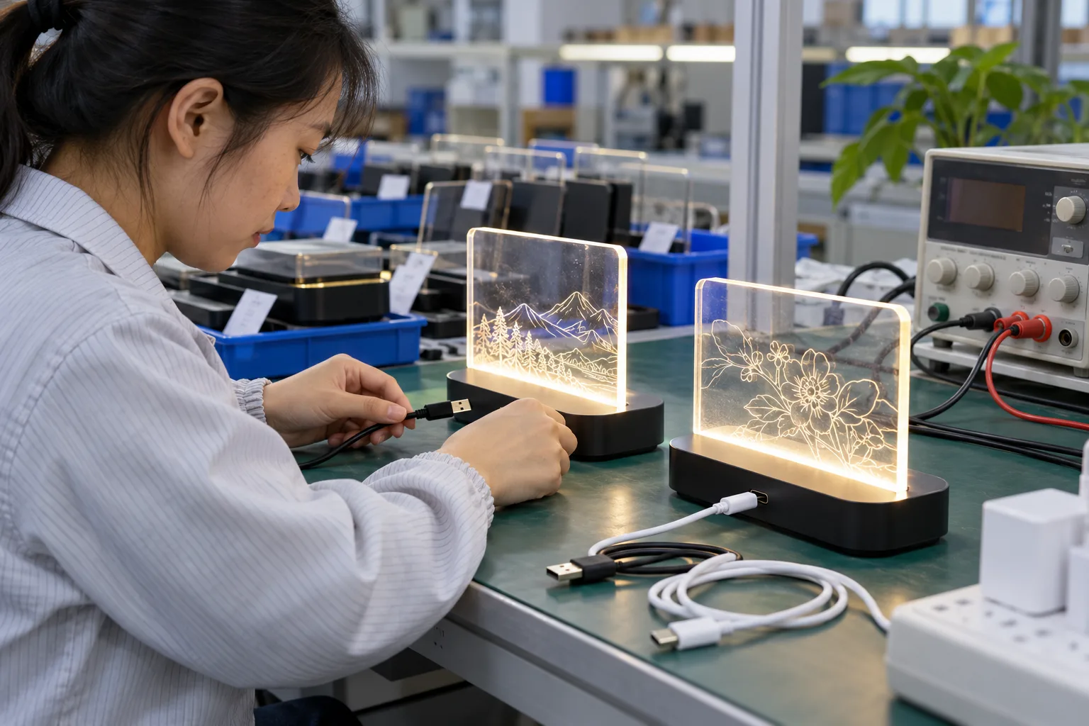 Chinese technicians checking USB-A versus USB-C power-input choice during LED board production
