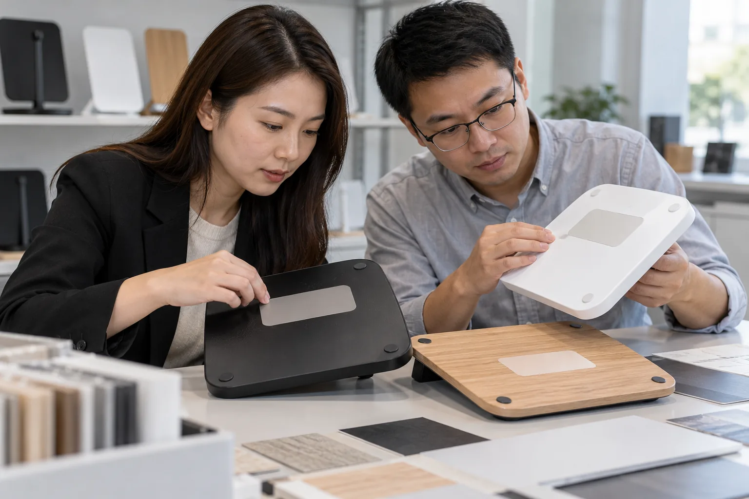 Asian buyer reviewing plastic-base label adhesion samples for LED drawing boards